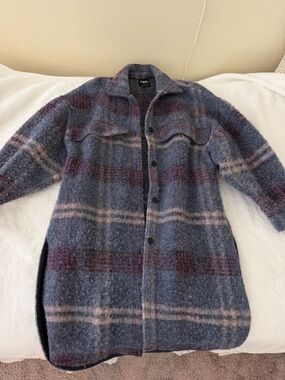 Zara Purple/Blue Plaid Long Wool-Blend Check Overshirt Coat